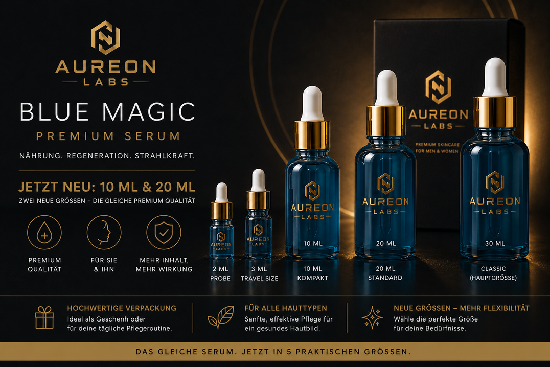 Aureon Labs Blue Magic Serum in schwarzer Premium-Verpackung auf Marmor-Podest mit Goldlogo