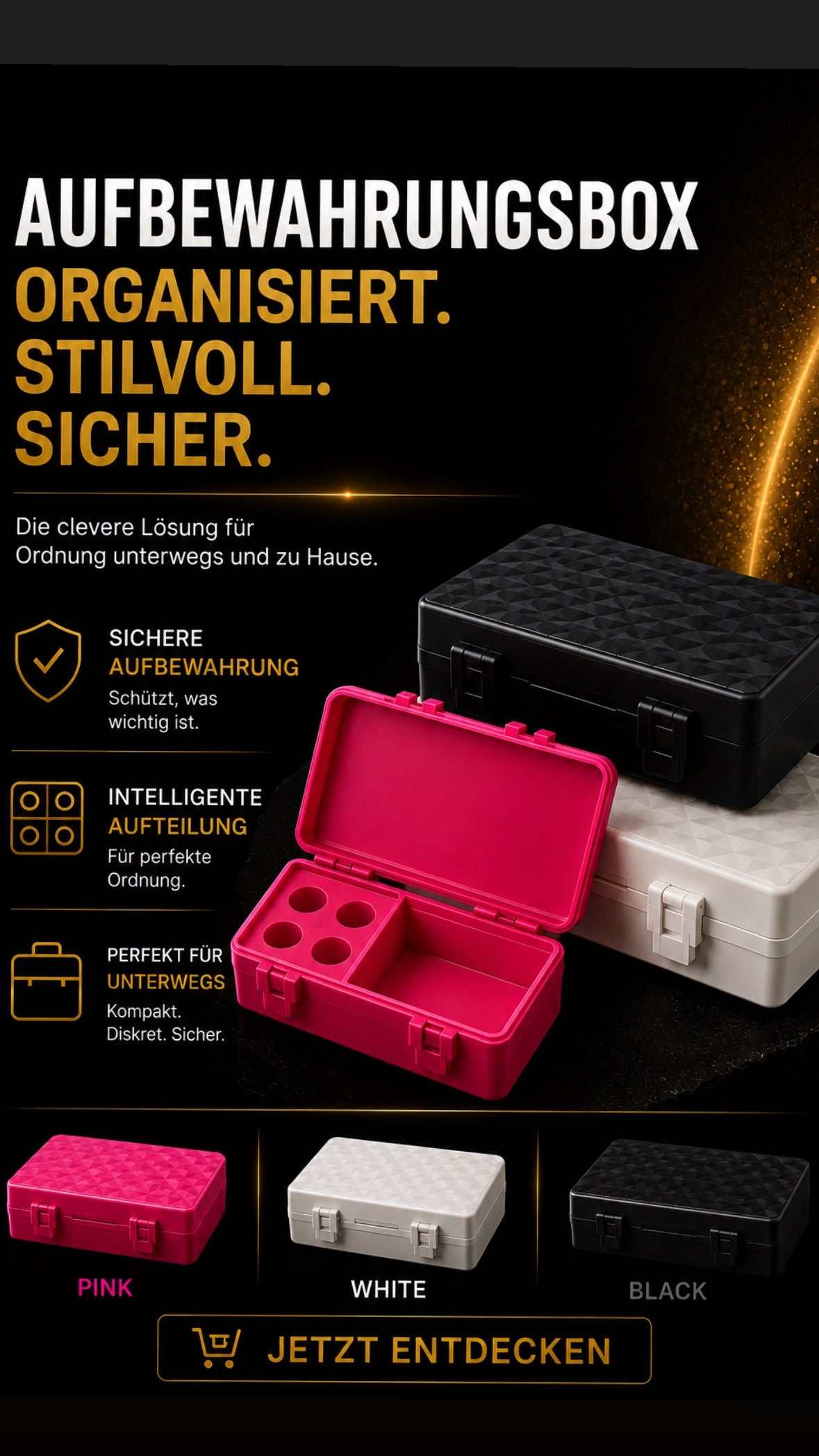 Aureon Labs Organizer Box mit verschließbarem Deckel und mehreren Fächern zur kompakten Aufbewahrung kleiner Gegenstände in Pink, Weiß und Schwarz