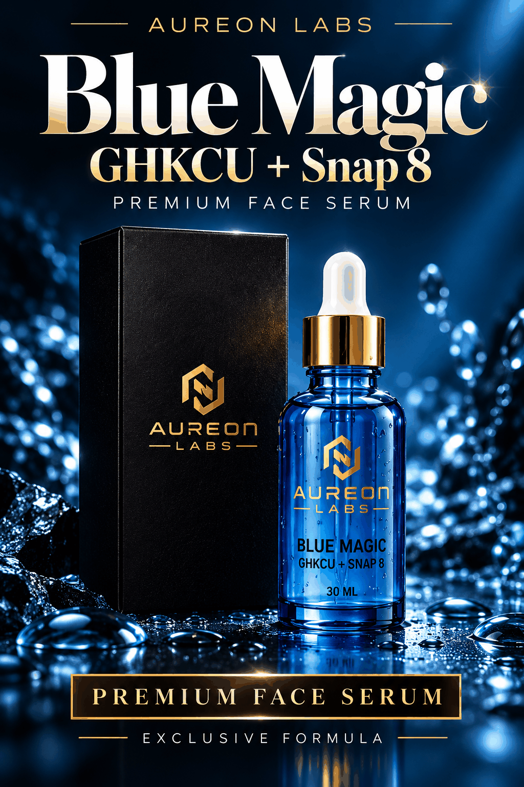 Aureon Labs Blue Magic Serum in blauem Glasfläschchen mit goldener Pipette und schwarzer Verpackung, goldener Schrift, 30 ml.